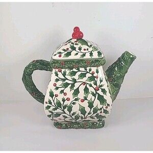 Vintage Pacific Rim Handpainted Christmas Holiday Holly Berry Teapot Red & Green